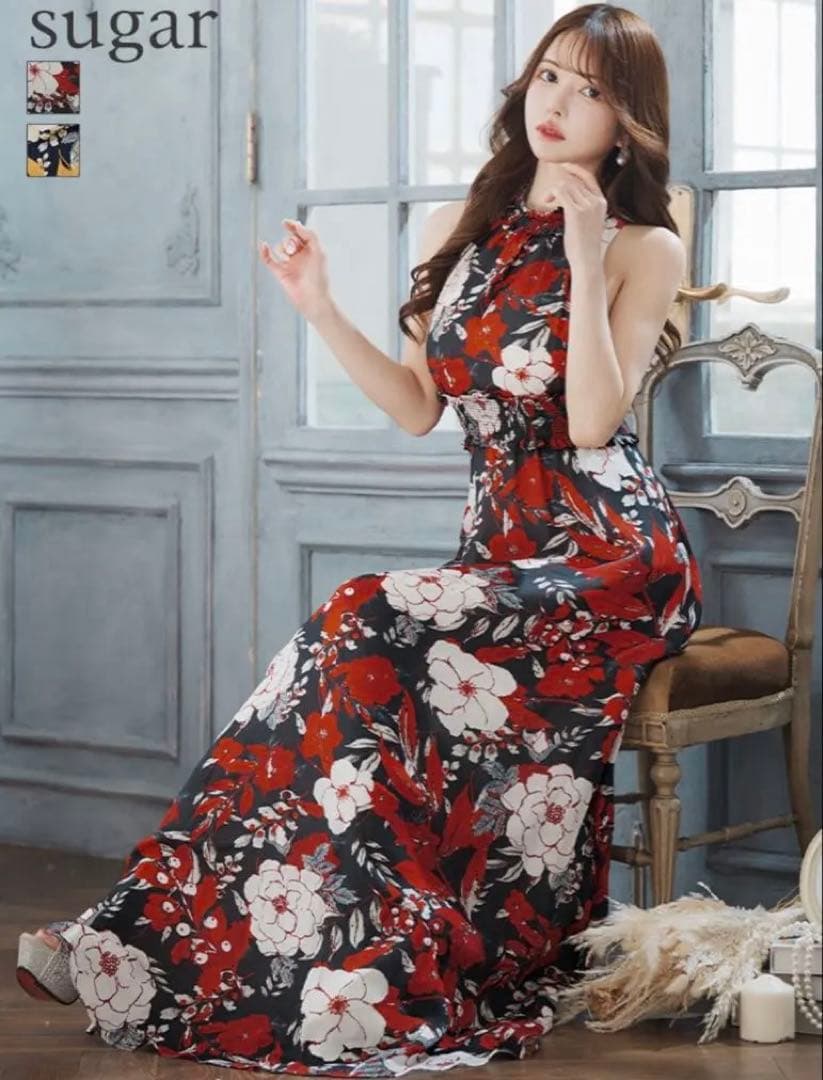 銀座クチュール　フラワープリント　ロングドレス　S