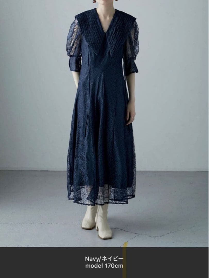 ネイビー レース ロングドレス