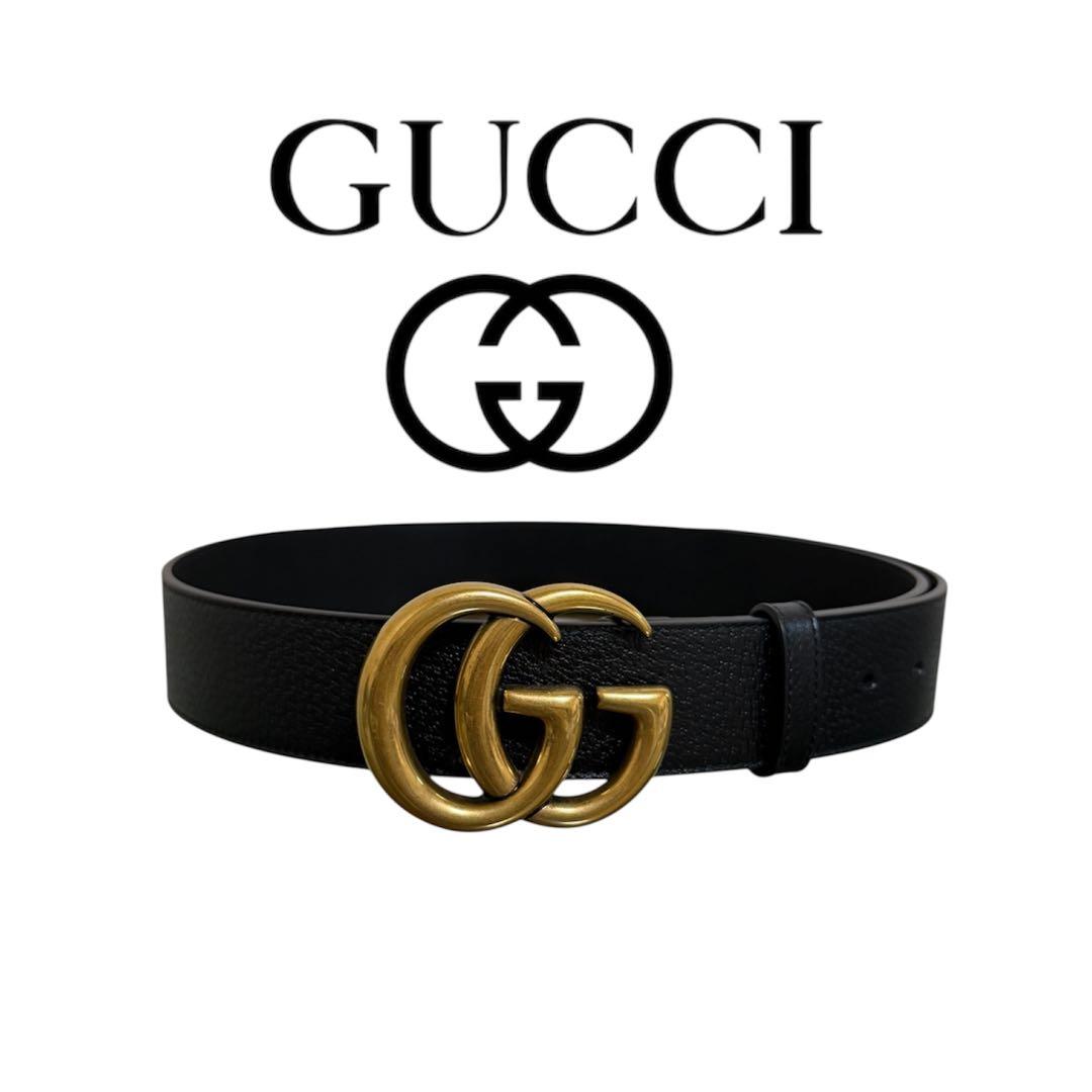 【Gucci/グッチ】箱&ポーチ付き ダブルG スリムベルト ゴールド レザー