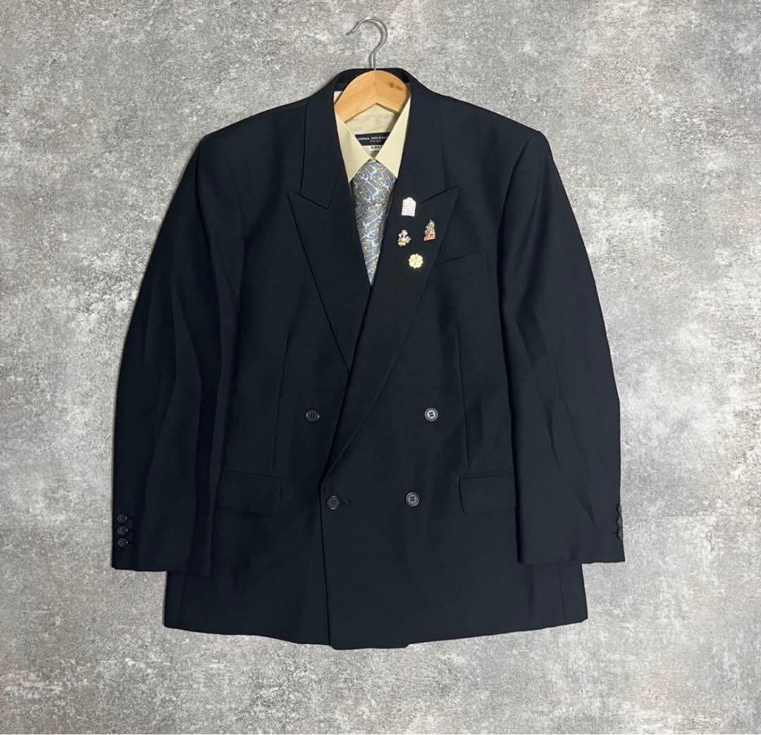 【vintage】セットアップ ダブルスーツ ブラック　成人式 ピンズ　ネクタイ