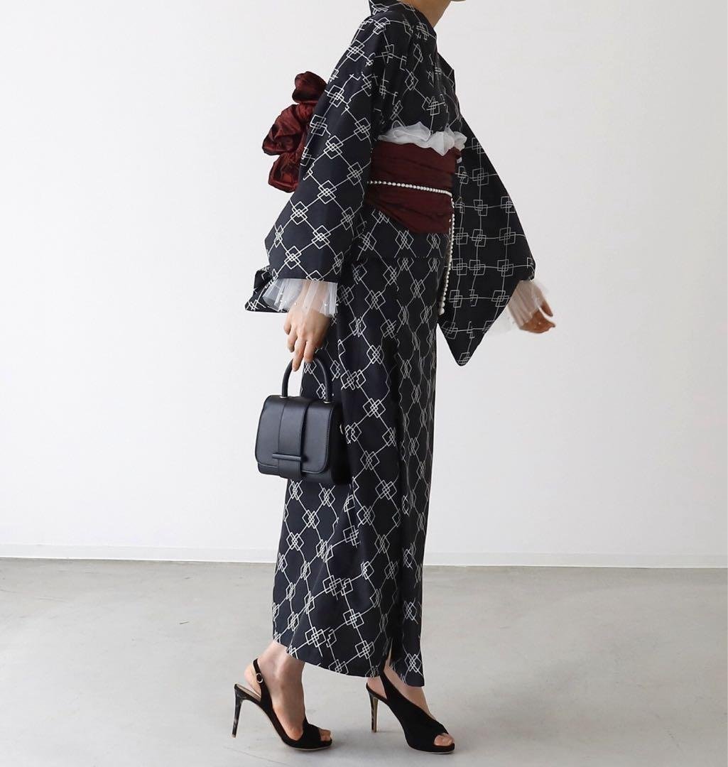 黒と白の幾何学模様 浴衣・帯セット