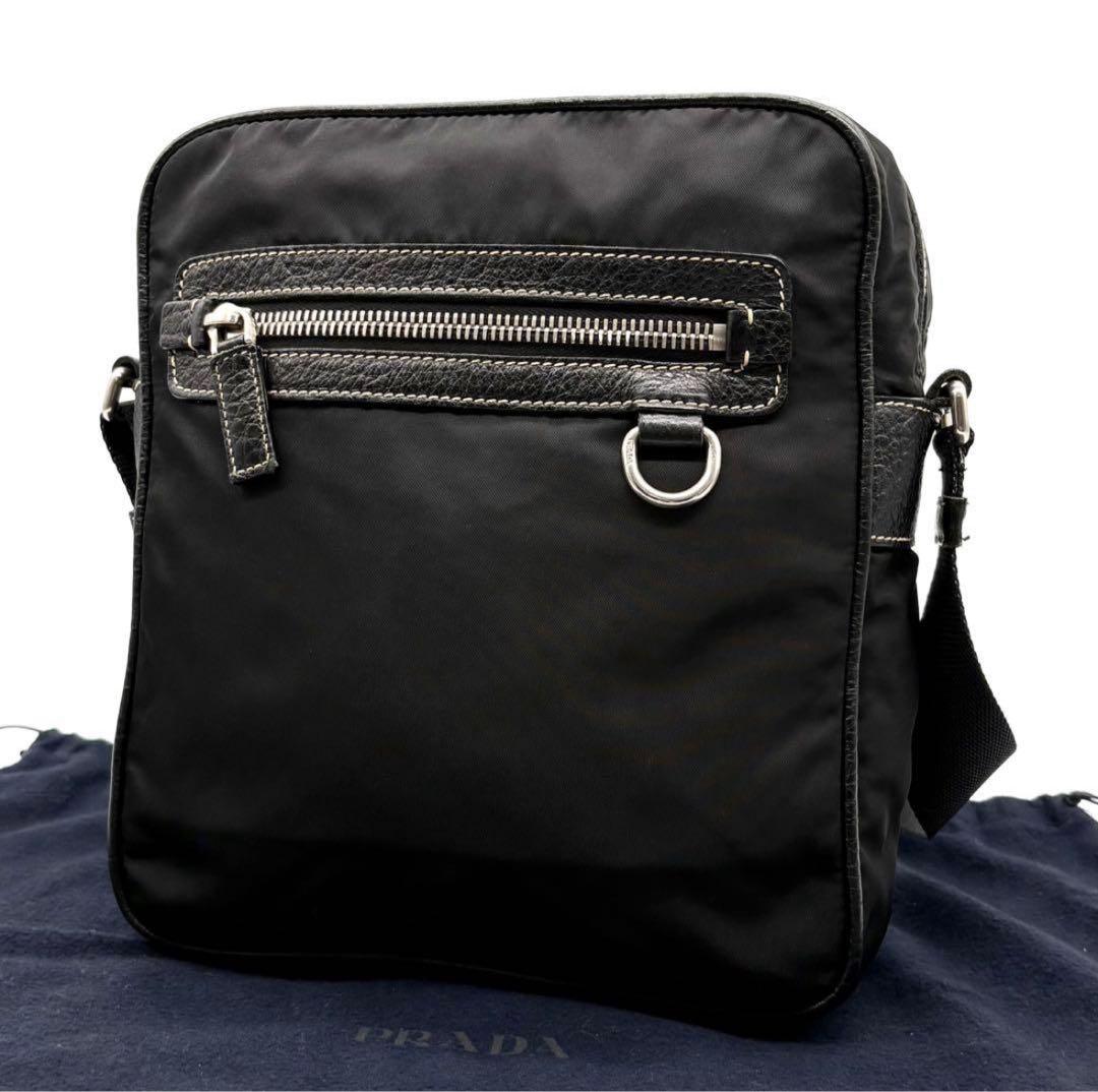 【美品】希少 プラダ ショルダーバッグ ナイロン レザー 三角ロゴ 斜め掛け 黒